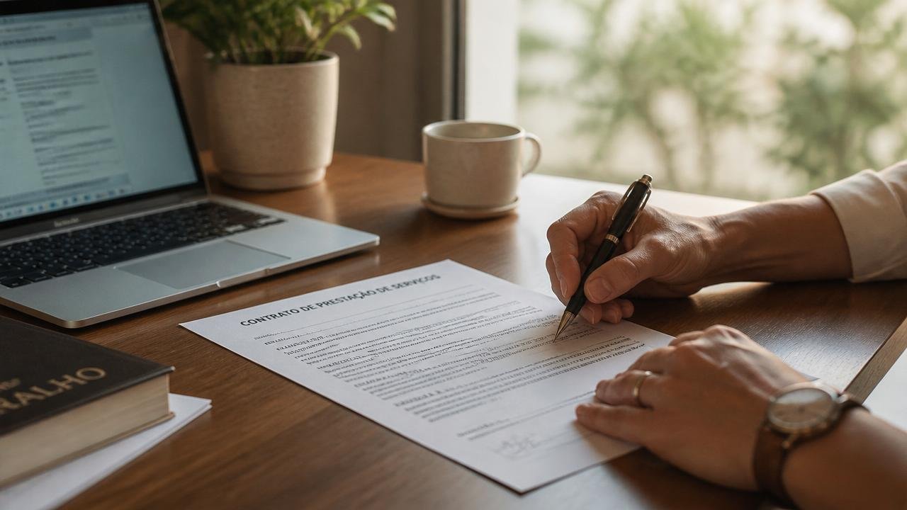 Profissional autônomo assinando contrato de prestação de serviços em mesa de escritório