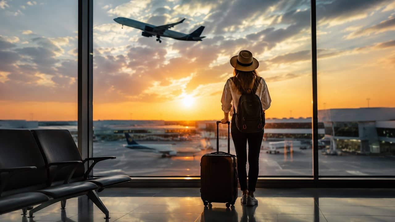 Mulher com mala de viagem observa avião decolando pela janela do aeroporto ao entardecer