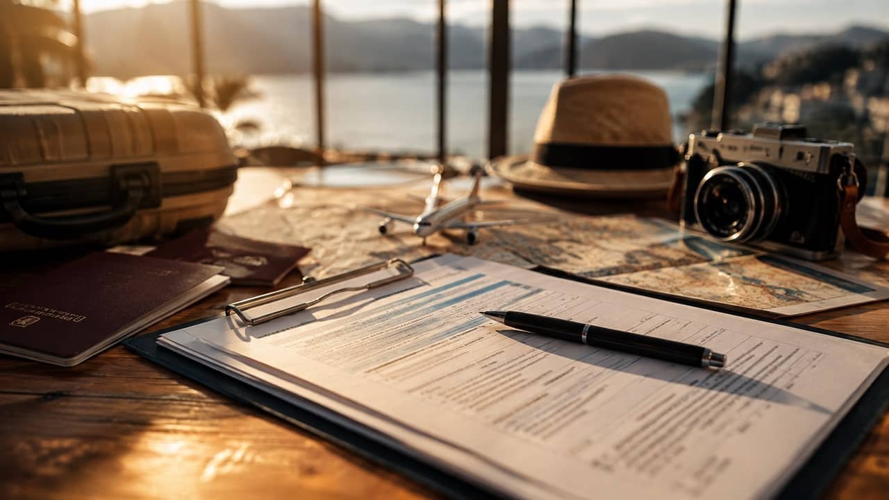 Passaporte, mapa e formulário de seguro viagem organizados sobre a mesa antes do embarque